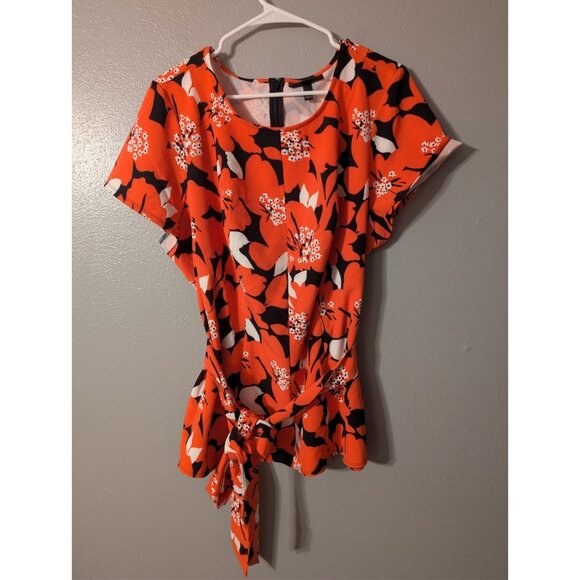 Lane Bryant Illusion Top Size 18 Plus Orange Floral Peplum Tie Waist Stretch NWT - Picture 2 of 7